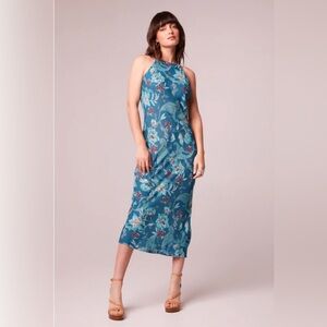 AUDETTE TEAL FLORAL HALTER MIDI DRESS Size Large NWT